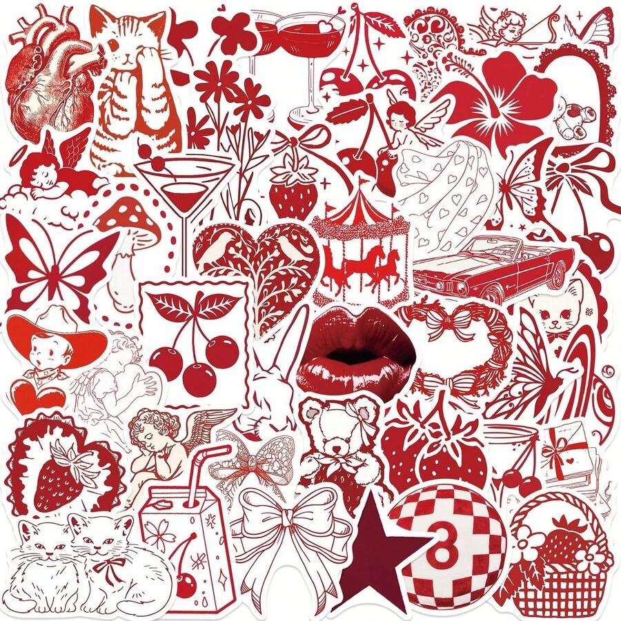 50张情人节贴纸，粉色浪漫爱情贴纸，情人节装饰，情人节礼物，装饰卡通涂鸦美学贴纸，防水乙烯基贴纸，适用于笔记本电脑、手机、汽车、滑板、水瓶、剪贴簿、电脑日记本、礼物 - 多色E - 查看 1