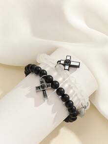 ATLVXJL 2pcs/Set Glow-In-The-Dark Heart, Cross Projection Bead Couple Bracelets, Casual Jewelry Suitable For Daily Wear And Holiday Gift - Multicolor - View 4