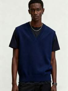 GRDR Men's Solid Color Knit Vest, Casual & Versatile - Navy Blue - View 3