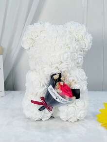 1 pieza Oso de peluche con rosa artificial blanca - Oso de rosa esponjoso y duradero con flores rojas acentuadas, elegante decoración de mesa para el hogar, decoración de sala de estar/dormitorio de moda, regalo versátil para el Día de San Valentín, Día de la Madre, Día del Padre, Navidad y ocasiones especiales - Multicolor - Ver 6