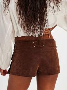 Women's Y2k Grunge Punk Suede Low Rise Rivet Belted Mini Skirt With Pocket For Party Clubwear - Cà phê nâu - Xem 3