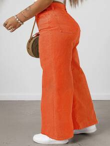 大码女式阔腿裤，适合休闲、通勤和返校穿着，秋冬季款 - 橘色 - 查看 2