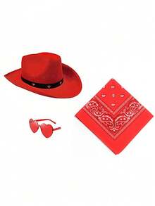 1 Set (Including Hat + Glasses + Scarf) Unisex Cowboy Hat, Suitable For Costume Parties, Includes Cowboy Hat With Buckle, Felt Hat, Funny Party Hat, Cowboy Accessories, 3 Bandanas, Suitable For Adult Cowboy/Western Costume Parties