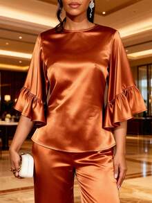 Women's Shiny Brown Half Sleeve Flounce Ruffle Hem Top - Brown - View 5