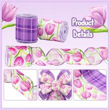 2 Rolls Purple Tulip Wired Ribbon - 2.5 Inch Wide, 10 Yards Total, Elegant Tulip Floral For Wedding Decor, DIY Crafts, Gift Wrapping - Spring-Themed Purple Wired Edge Ribbon,Purple - Purple - View 3