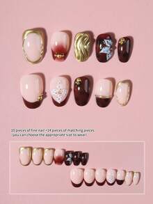 24片短椭圆形3D豹纹法式美甲贴纸，饰有3D花朵、金色珍珠和渐变设计，完美适配亚克力美甲套装，包含1瓶果冻胶和1把指甲锉，适合女孩日常或派对使用。 - 彩色 - 查看 4