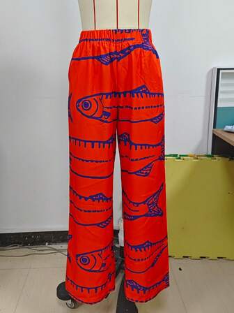 Pantaloni largi pentru femei, cu imprimeu de pești, casual, de sărbătoare