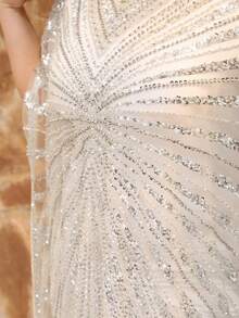 JINLICX Luxury Beaded White Dress V-Neck Formal Evening Gown - Beige - View 4