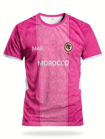 摩洛哥特别版男士足球球衣和青少年舒适圆领运动T恤，饰有摩洛哥城市风格图案印花，适合足球比赛、训练、日常健身、聚会和休闲场合穿着，具有球迷纪念品意义。足球球衣，休闲运动服，几何图案设计，时尚运动上衣，轻便面料，训练服，运动T恤，健身爱好者，休闲穿着者。