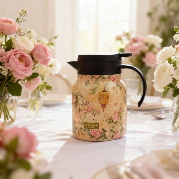 2-Pack Floral Insulated Teapots By Rose Paris - Vintage Red Flowers & Butterflies + Blue Green Botanical Designs, Thermal Kettles With Leak-Proof Lids, Ideal For Tea/Coffee