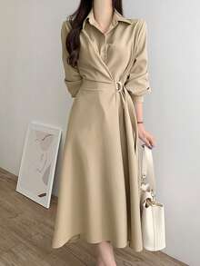 法式奢华优雅时尚设计衬衫裙 - 杏色 - 查看 1