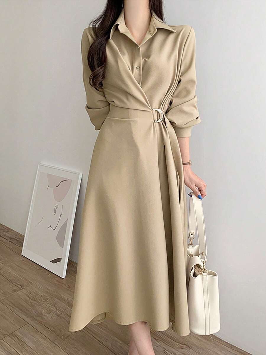 法式奢华优雅时尚设计衬衫裙 - 杏色 - 查看 1