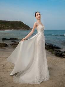 Đầm dạ hội sang trọng màu trắng dành cho cô dâu, có đuôi váy, thích hợp cho mùa xuân. - trắng - Xem 5