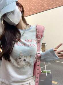 女士休闲字母和小猫印花长袖T恤，春秋季 - 白色 - 查看 1