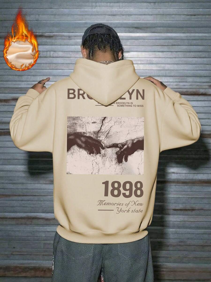 Zrgoth Sudadera con capucha con bolsillo canguro y estampado gráfico con tema de Brooklyn para hombre, estilo callejero, otoño/invierno - Albaricoque - Ver 1