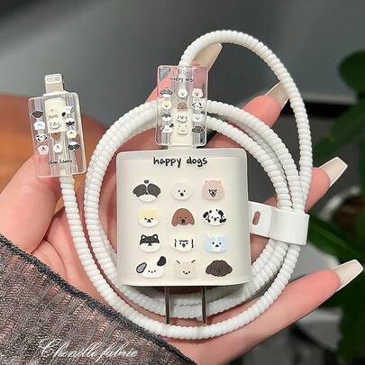 适用于 18W/20W USB-C 充电器的可爱 3D 设计透明软质充电器保护套，萌系线缆保护器。兼容 11/12/13/14 Pro Max 快速电源适配器充电器配件，兼容 iPad，手机必备，男女居家旅行及返校必备。