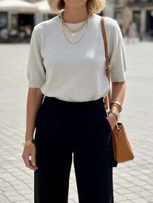 Women's Knitted Short-Sleeved Tops Simple, Fashionable And Casual Everyday - Light Grey - View 4