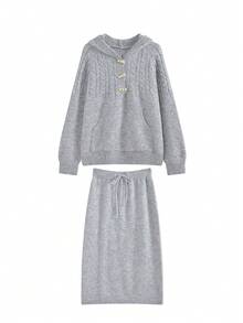 女士宽松连帽衫毛衣套装，带牛角扣