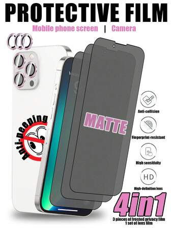 Set de 4 en 1: 3 protectores de pantalla mate anti-espía + 1 protector de lente rosa, ultra claro HD para fotografía, alta dureza anti-arañazos, resistente al agua, a prueba de huellas dactilares, fácil instalación, compatible con iPhone 17 Pro Max/17 Pro/17 Air/17/16 Pro Max/16 Pro/16 Plus/16/15 Pro Max/15 Pro/15 Plus/15/14/13/12 y talla grande