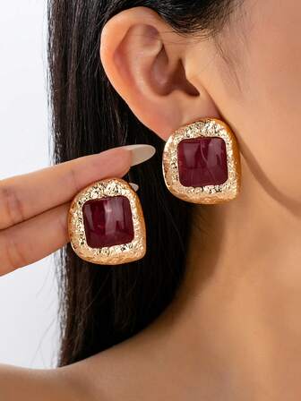 1 Pair Geometric Square Faux Stone Stud Earrings For Women, Suitable For All Seasons