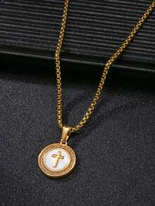 硬币徽章吊坠项链,不锈钢材质,18K镀金,60厘米链条,鸢尾花十字架圣本笃扭链项链,男女皆宜,适合日常佩戴和节日礼物。 - 金黃色 - 查看 5