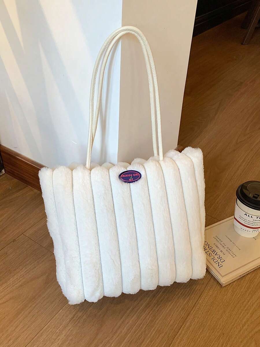 New Autumn/Winter Plush Underarm Handbag, Striped Tote Bag, Casual Large Capacity Plush Bag, Korean Fashion Shoulder Bag - Multicolor - View 1