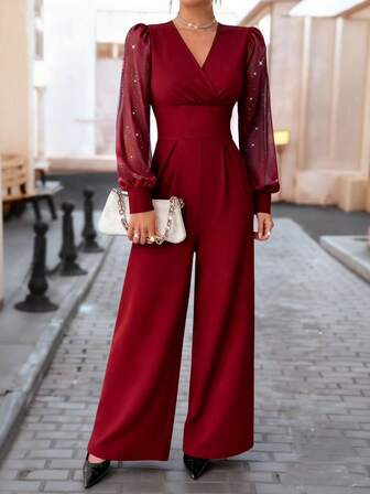 Women's Crossed V-Neck Mesh Lantern Sleeve Pleated Wide Leg Elegant Jumpsuit