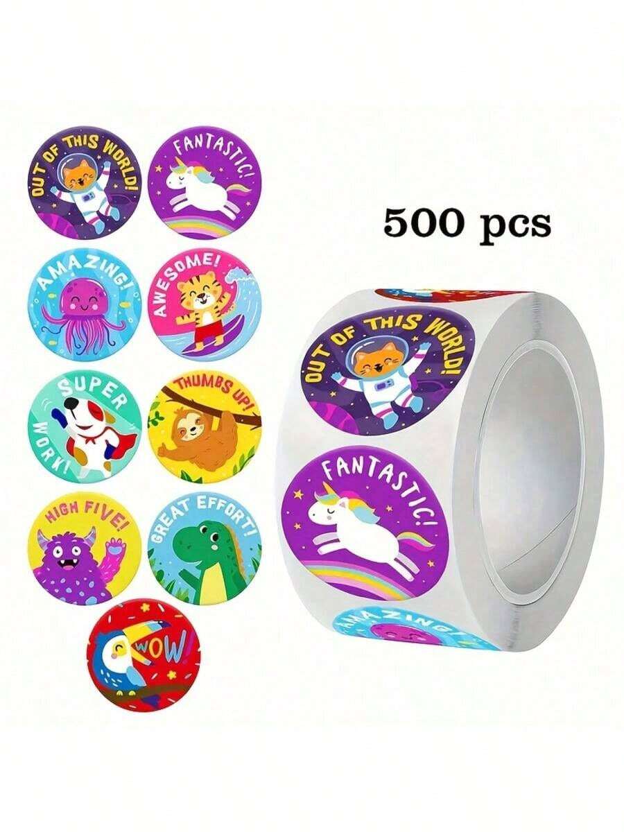 500/Roll Cartoon Animal Reward Stickers, Cute Stickers Roll Suitable For Gift Wrapping, Teacher Encouragement Gifts, Holiday Atmosphere DIY Labels PVC Waterproof Adhesive Stickers, Birthday Party Sticker Label - Multicolor - View 1