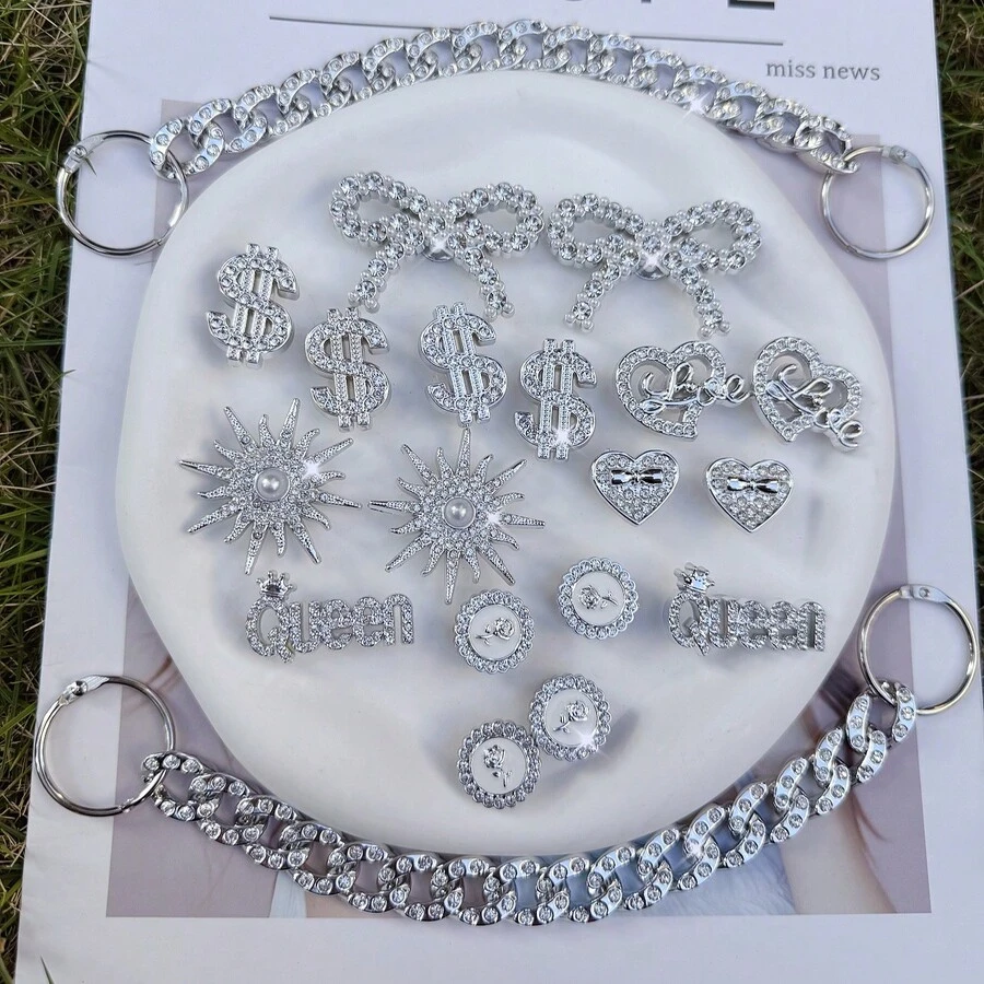 20 phụ kiện giày có thể tháo rời tự làm - Nơ đính đá, Hoa, Trái tim, Bông tuyết Giáng sinh, Dây xích trang trí sân vườn, Quà tặng hoàn hảo cho ngày lễ - Bạc - Xem 1