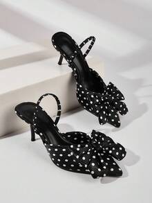 Black Polka Dot Bow Tie Ankle Strap Pointed Toe High Heel Shoes, Suitable For Party, Banquet, Vacation - Black - View 1