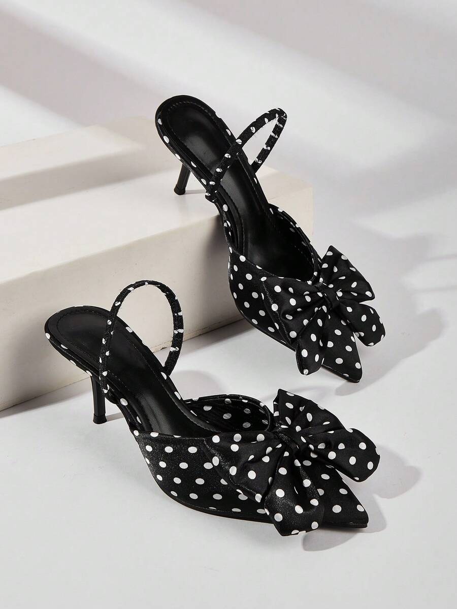 Black Polka Dot Bow Tie Ankle Strap Pointed Toe High Heel Shoes, Suitable For Party, Banquet, Vacation - Black - View 1