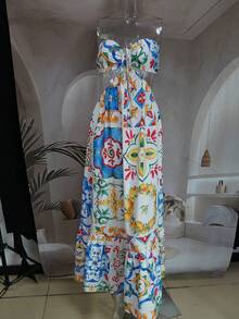 Boho Sexy Geometric Floral Print Halter Open Back Ruffle Hem Maxi Dress, Suitable For Holiday, Travel, Daily Wear, Summer - Multicolor - View 1