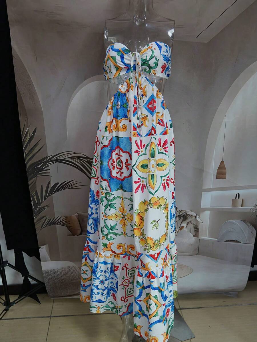 Boho Sexy Geometric Floral Print Halter Open Back Ruffle Hem Maxi Dress, Suitable For Holiday, Travel, Daily Wear, Summer - Multicolor - View 1
