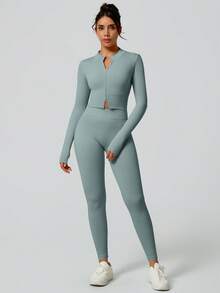 NcmRyu 3件套女士无缝修身立领双面拉链罗纹运动文胸、运动裤、长袖外套套装 - 薄荷藍 - 查看 9