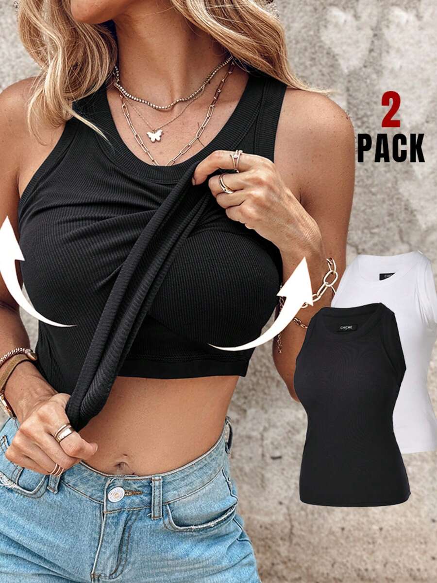 Bộ 2 áo tank top dệt kim không tay cổ tròn có đệm ngực, áo hai dây ôm sát thoải mái mùa hè