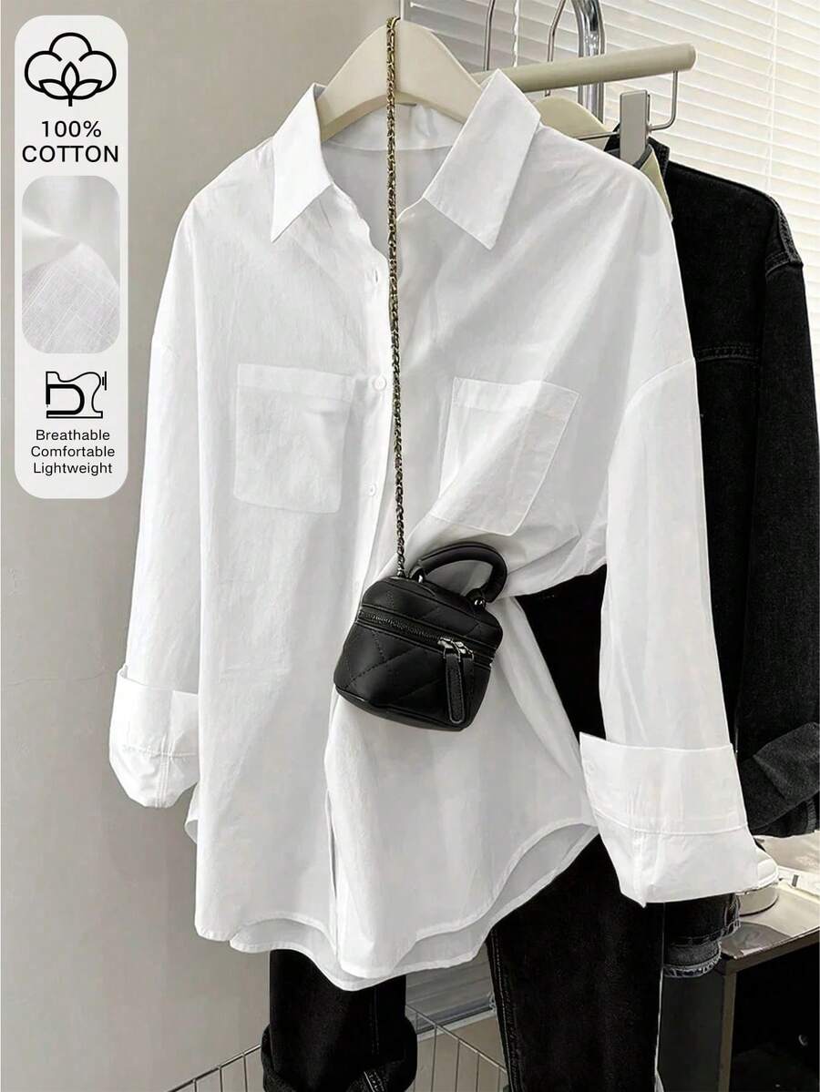 Women's Casual Loose Fitting Shirt, Elegant Minimalist Design, Versatile - White - View 1