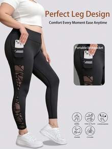 Pantalones de yoga de cintura alta para mujer de talla grande, mallas ajustadas con bolsillos laterales y paneles de malla, pantalones casuales de deporte y yoga - Negro - Ver 2