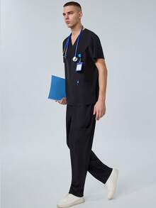 cimmuovere Men's V-Neck Short Sleeve Multi-Pocket Top And Solid Scrubs Pants, Nurse Scrubs Workwear For Dentist, Healthcare, Pet Hospital, Laboratory - Black - View 6