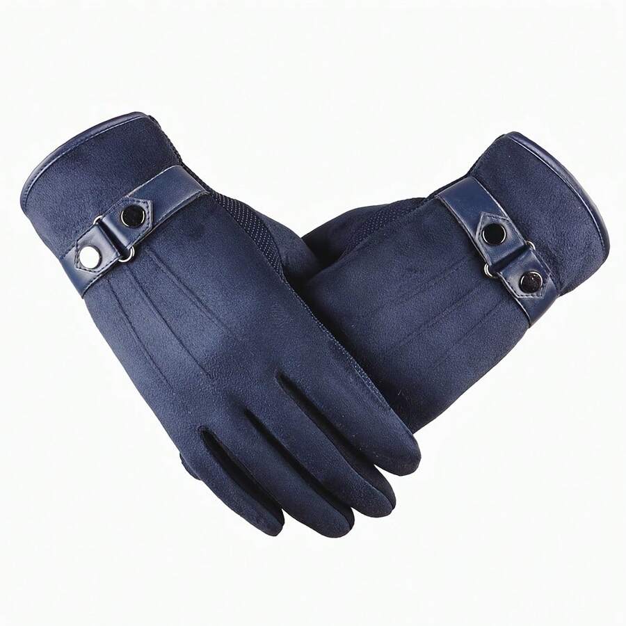 1 Pair Winter Thickened Fleece Men's PU Material Gloves, Men's Fleece Lined Warm Gloves, Outdoor Gloves, Full Finger Gloves, Men's PU Gloves, Available In Black, Brown, Gray, Blue, Holiday,, Thanksgiving - 藍色 - 查看 1