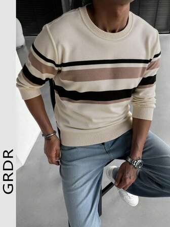 1 suéter de malha listrado casual masculino, outono/inverno