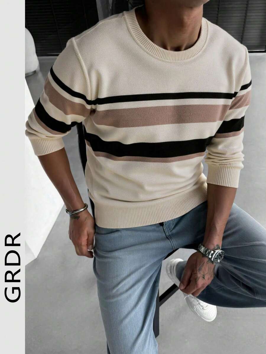 1pc Men's Casual Striped Knit Sweater, Autumn/Winter