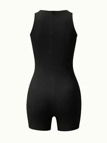 EARO 女士连体裤，休闲户外穿着，小圆领，后背隐形拉链，适合健身、瑜伽、普拉提等运动，百搭简约，高弹面料，柔软舒适，适合毕业季、返校季、Y2K 风格、音乐节、派对、春夏等多种场合，也适合婚礼等场合。 - 黑色 - 查看 4