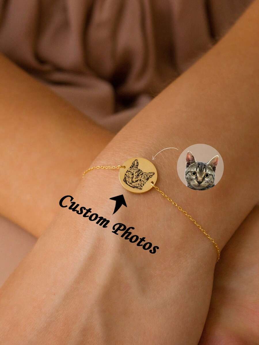 1pc Custom Pet Portrait Charm Bracelet, Custom Name Bracelet, Simple Custom Engraving Bracelet, Gift For Cat Lovers, Personalized Christmas Gift