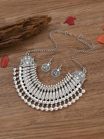Vintage Carved Line Smooth Semi-Circle Minimalist Coin Texture Necklace, Women Casual Party Christmas Beach Accessory Set