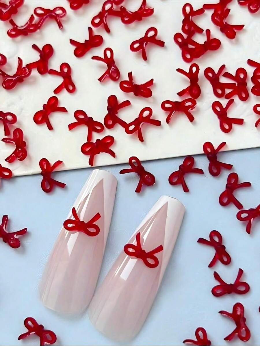 50 chiếc nơ nhỏ màu đỏ tía trang trí móng tay chủ đề Ngày Valentine, phụ kiện móng tay hình nơ rỗng 3D bằng nhựa. - Màu Đỏ Sâu - Xem 1
