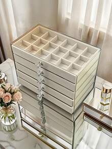 1 件装，54/18 个隔层，5/3 层，透明，天鹅绒面料，亚克力首饰收纳盒 - 大容量，可收纳耳环、戒指和项链；适合居家和旅行；防褪色加厚抽屉设计（含首饰托盘） - 多色 - 查看 6