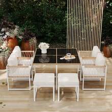 7-Piece Outdoor Table And Chair Set For 6 People, Tempered Glass Table With PE Rattan Coating, Acacia Wood Top Rail, Ideal For Meals In The Backyard Or Garden. - 白色 - 查看 5