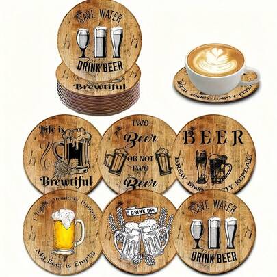 Set de 6 posavasos de cerveza vintage - Posavasos redondos de madera impresos con patrones de cerveza lager, pilsner, stout y frases alemanas de beber - Decoración de barra y mesa de cocina, accesorios ideales como regalo para amantes de la cerveza, disponible en sets de 1 pieza, 2 piezas o 31 piezas