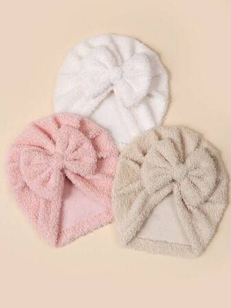 3顶羊毛蝴蝶结装饰婴儿帽，柔软弹力保暖头饰，新生儿装饰小礼物，百搭日常头饰