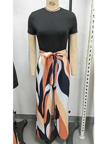 女士撞色印花拼接连体裤，西方女装，波西米亚风 - 彩色 - 查看 1